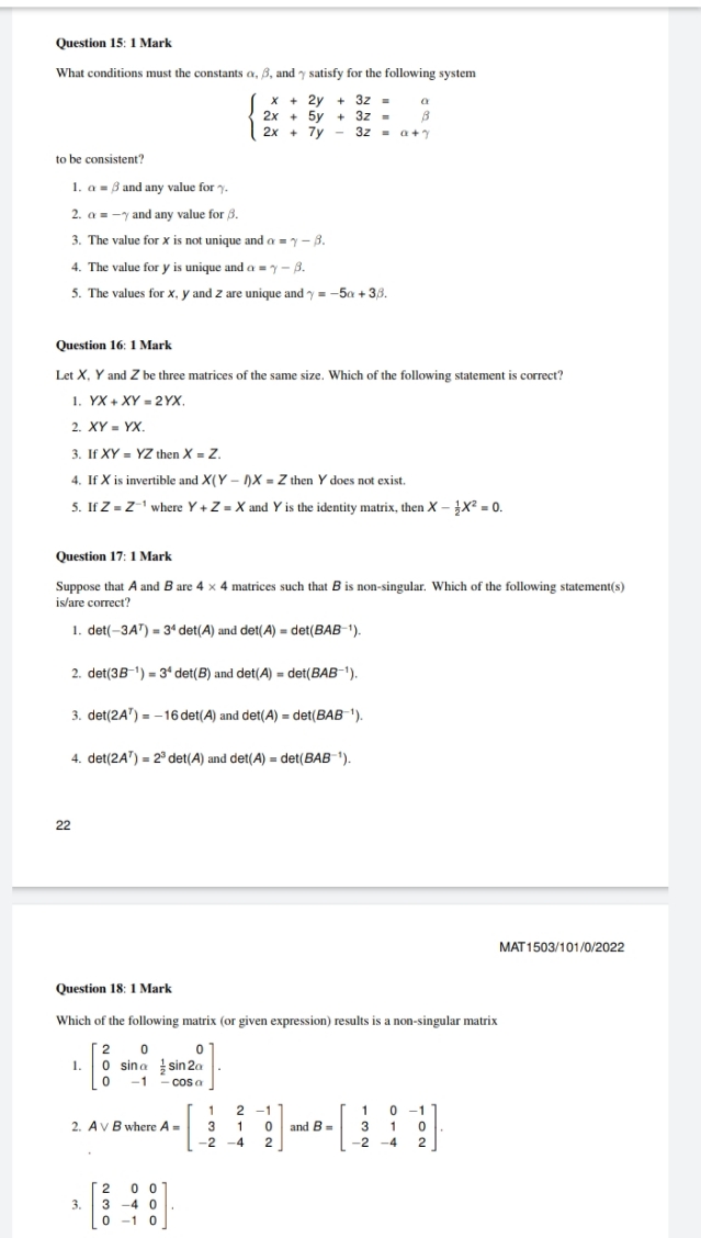 assist with maths questions Question 15: 1 Mark