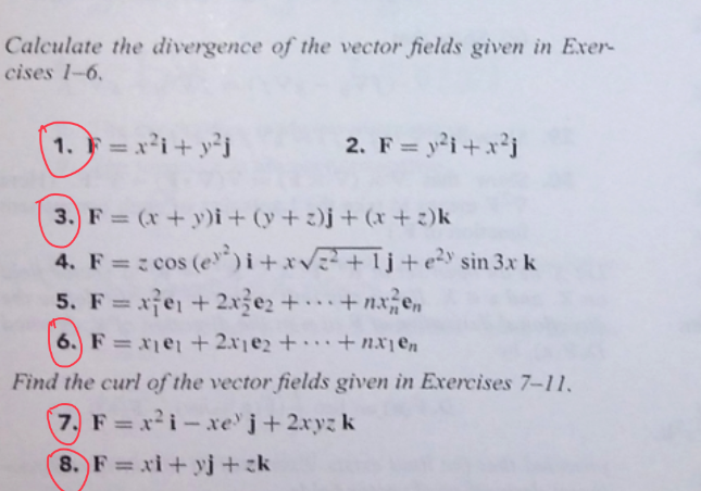 Calculate the divergence of the vector fields