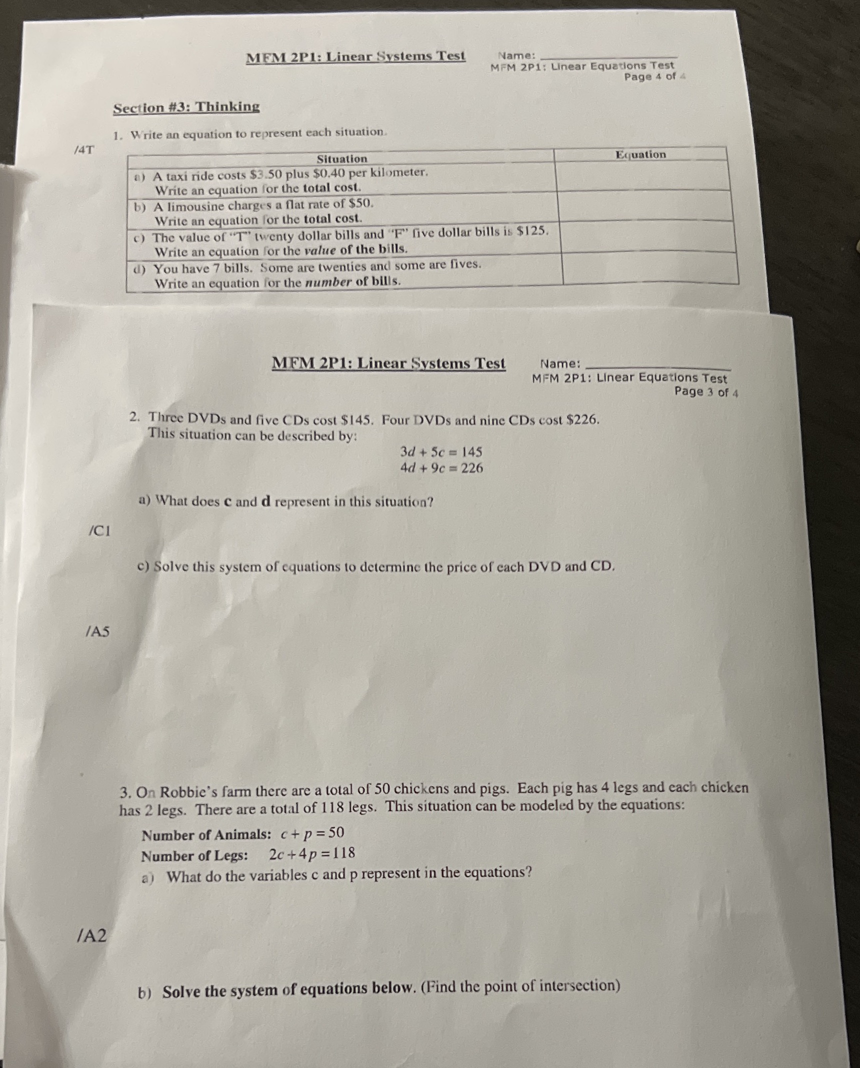 1-3 MEM 2P1: Linear Systems Test Name: MFM 2P1: