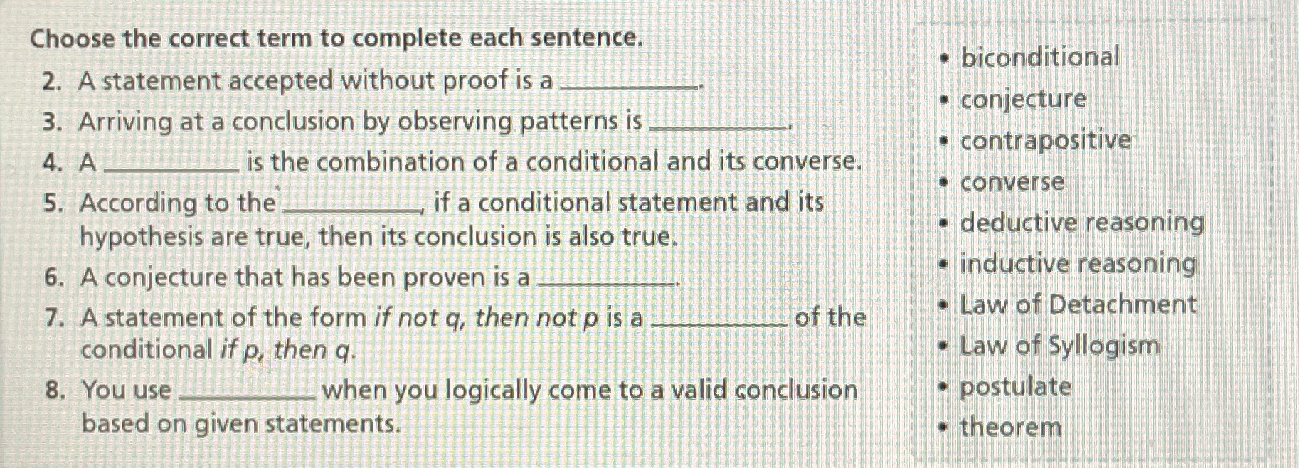 Choose the correct term to complete each