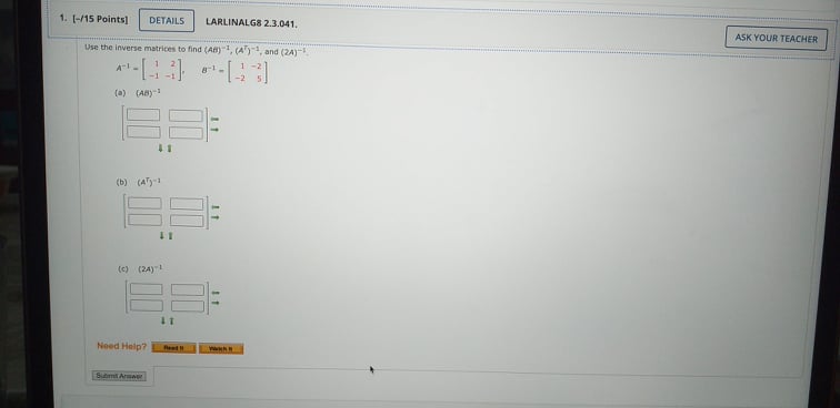 1. [-/15 Points] DETAILS LARLINALGS 2.3.041. ASK