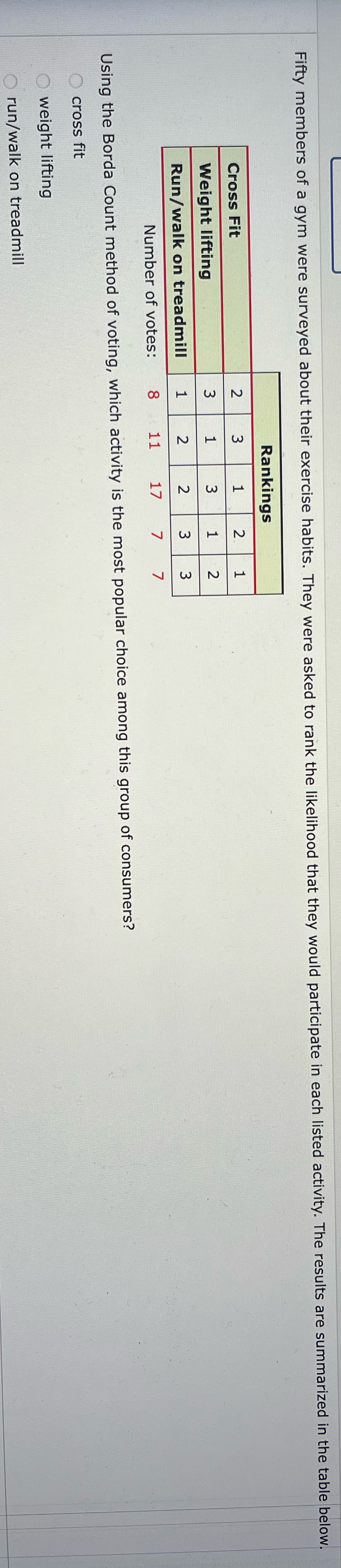 Fifty members of a gym were surveyed about their