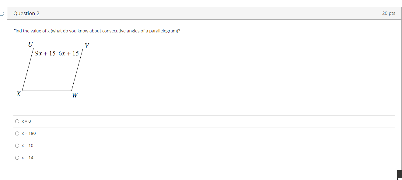 D Question 1 20 pts Solve for x: T 2x + 15 U S x
