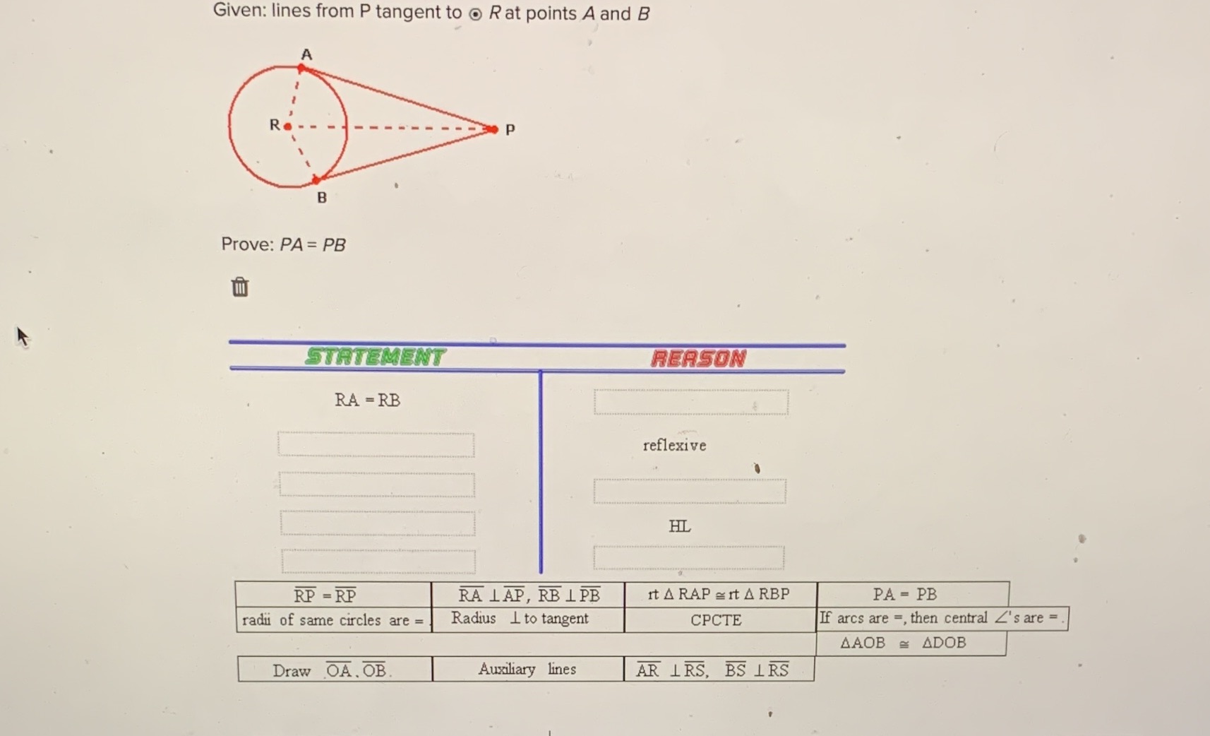 Given: lines from P tangent to . R at points A