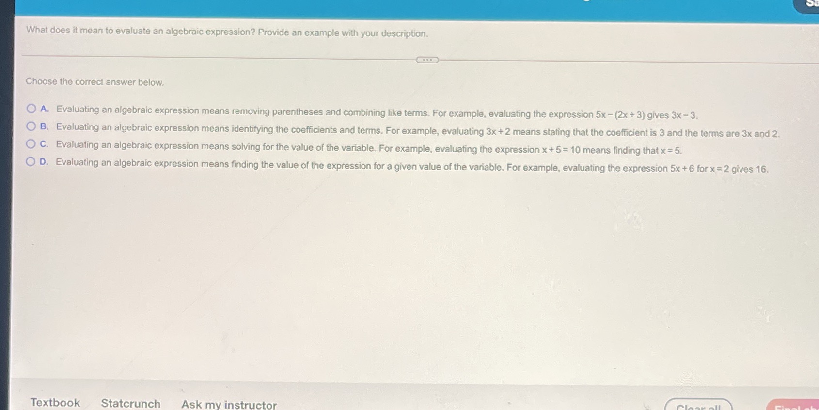 What does it mean to evaluate an algebraic