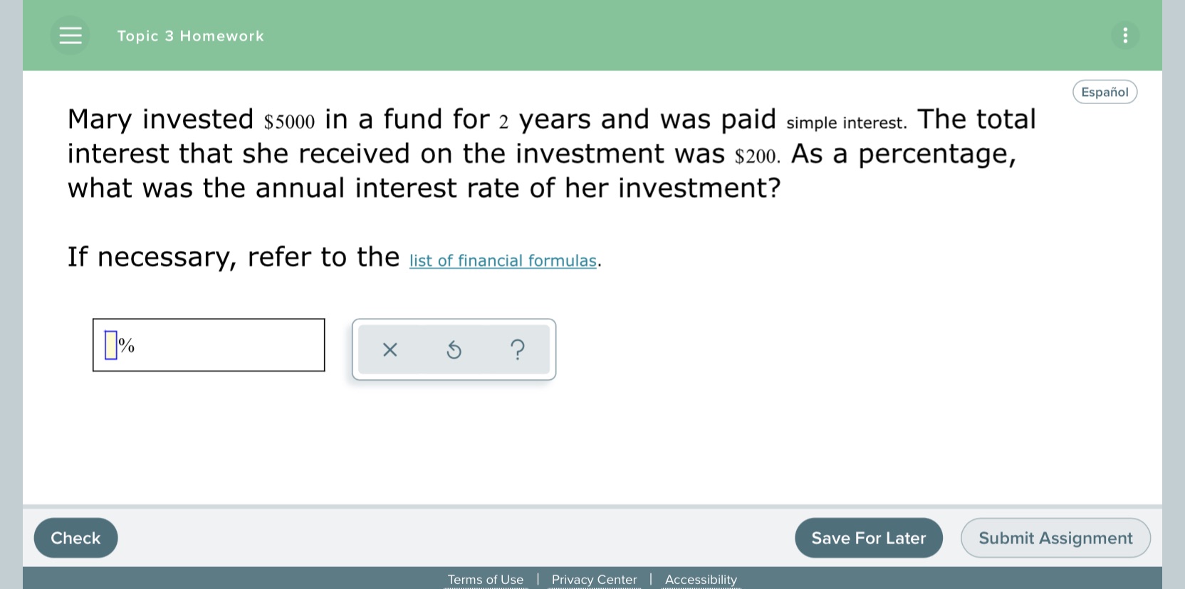 Topic 3 Homework ... Espanol Mary invested $5000