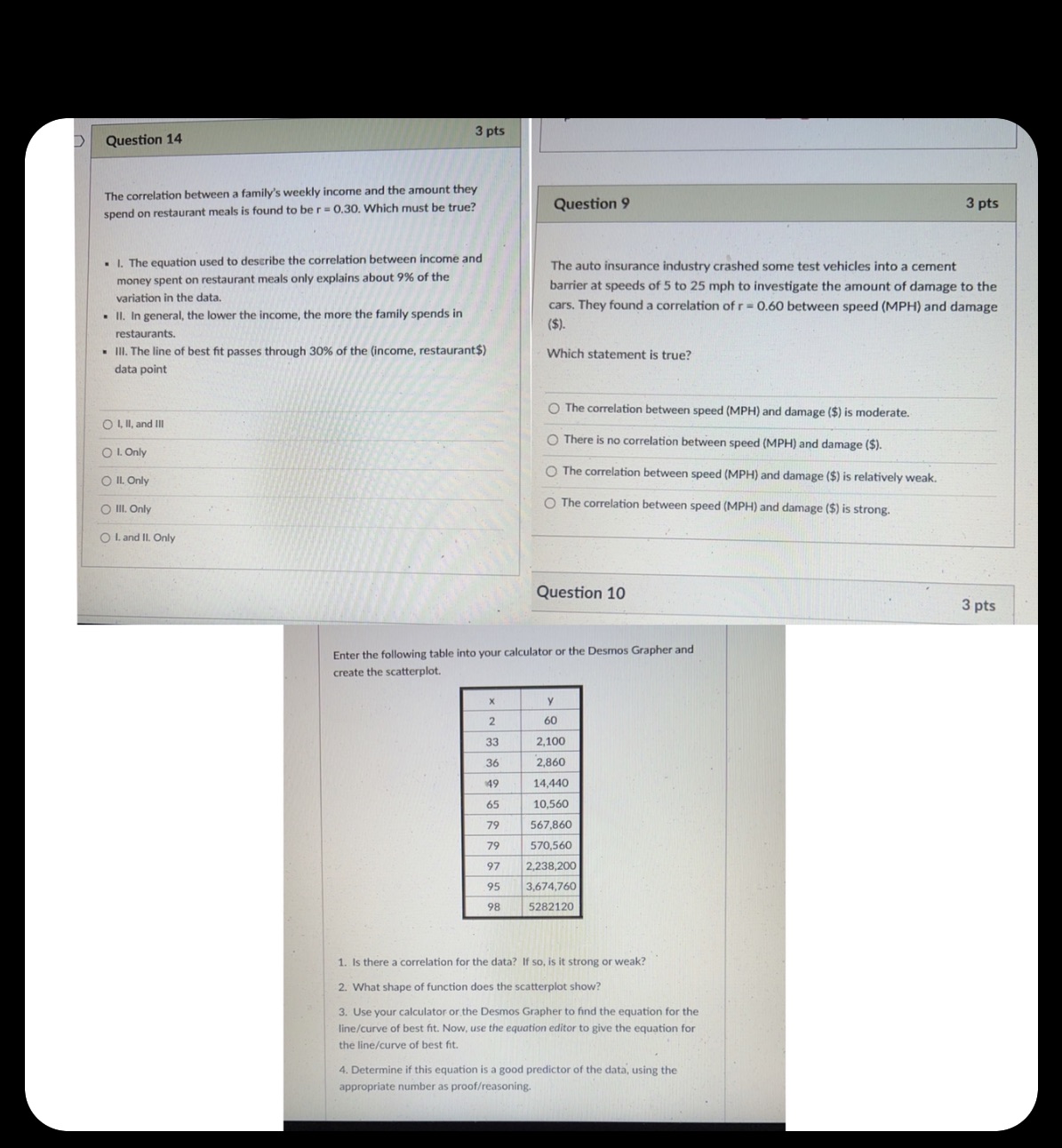 Question 14 3 pts The correlation between a