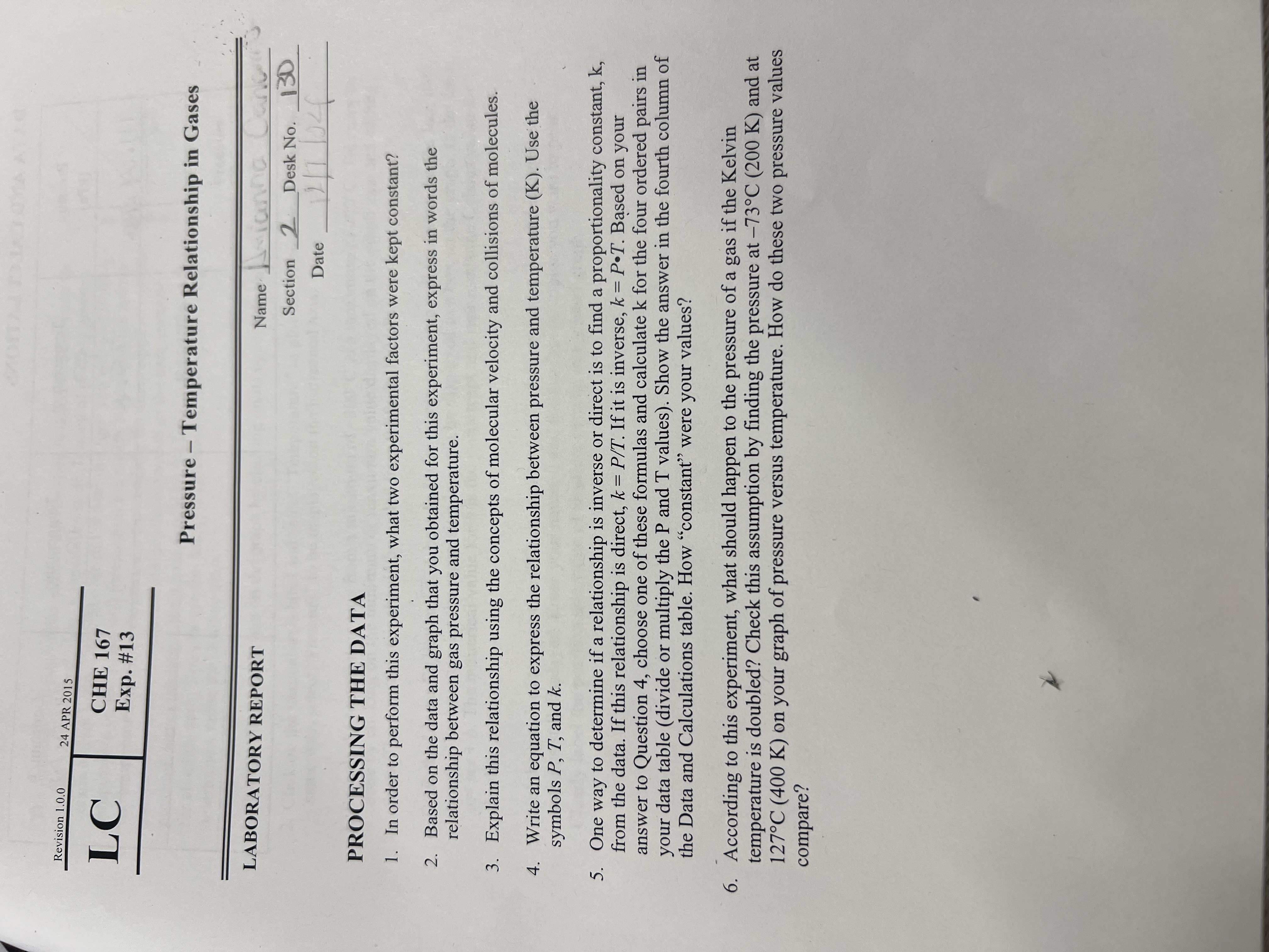 Revision 1.0.0 24 APR 2015 LC CHE 167 Exp. #13