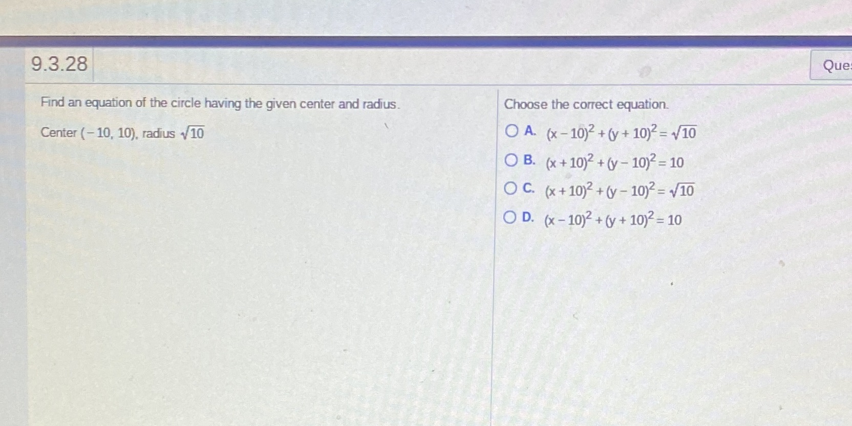 Question 18 9.3.28 Que Find an equation of the