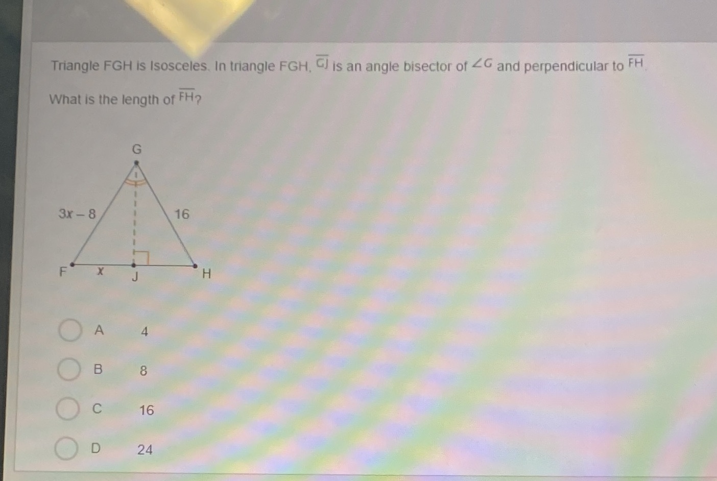 Triangle FGH is Isosceles. In triangle FGH. "J is