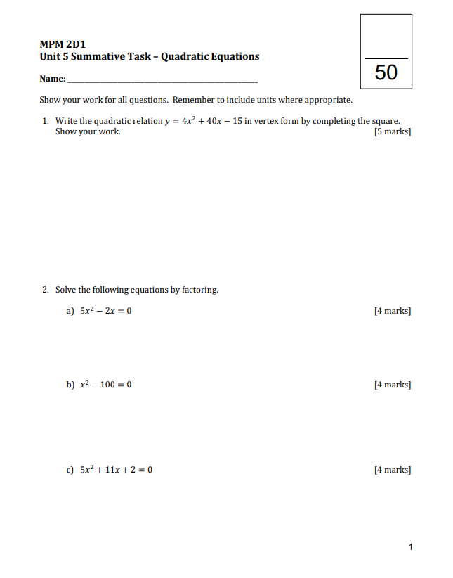 MPM 2D1 Unit 5 Summative Task - Quadratic
