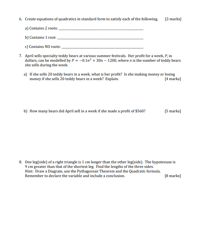 MPM 2D1 Unit 5 Summative Task - Quadratic