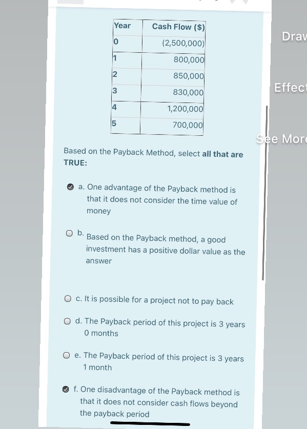 Year Cash Flow ($) Drav 0 (2,500,000) 800,000 2