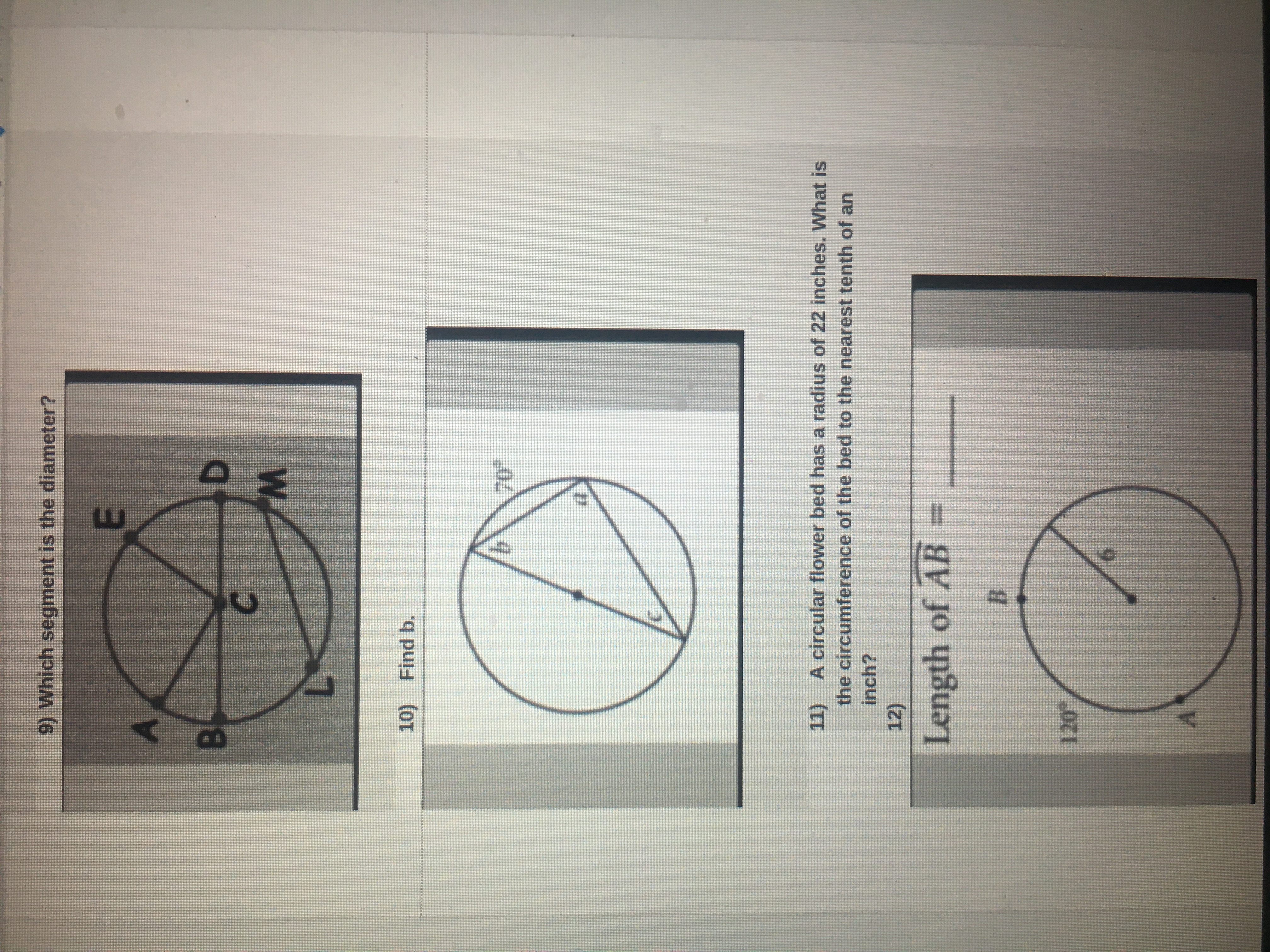9) Which segment is the diameter? 10) Find b. 70