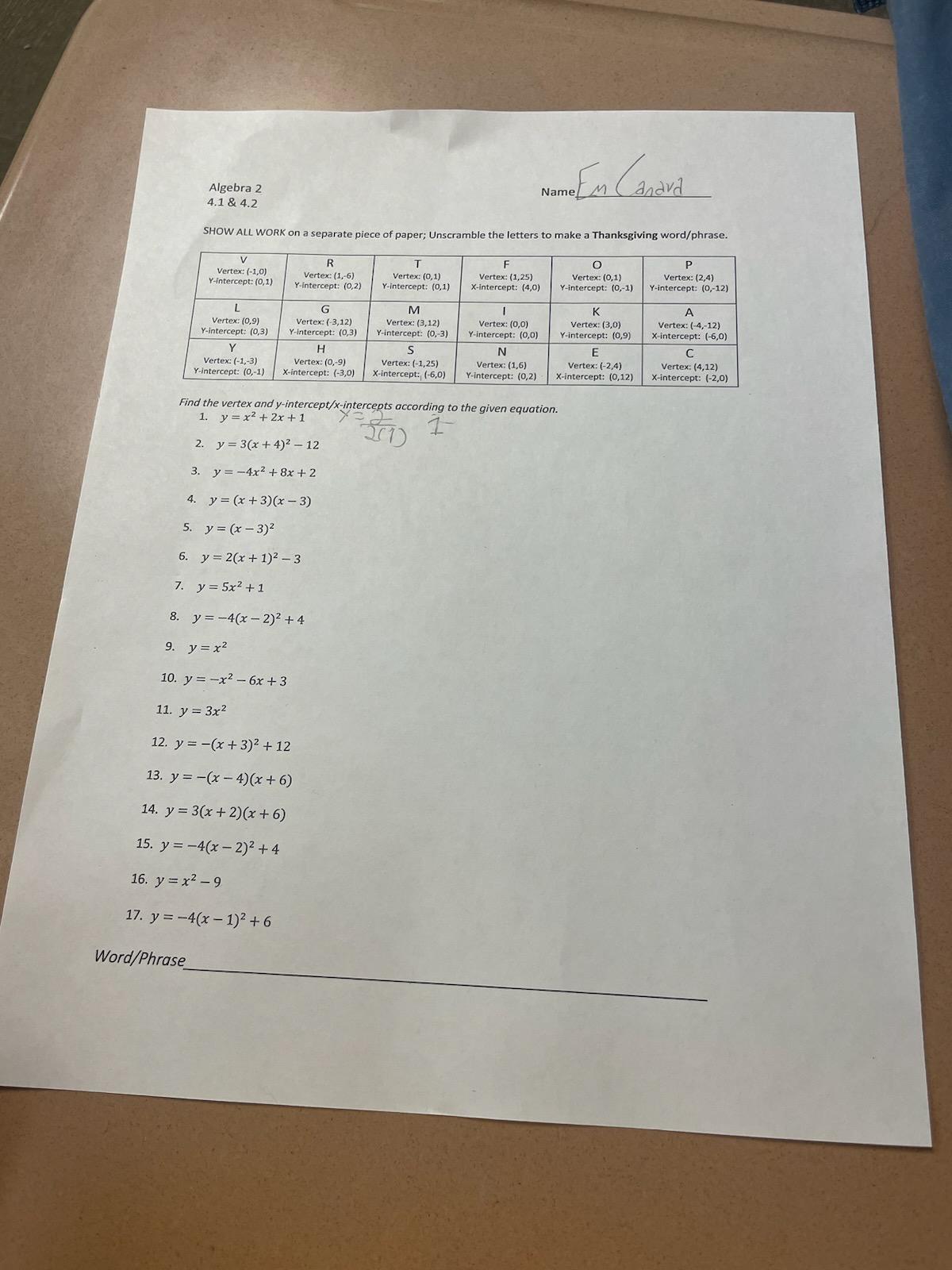 Algebra 2 Name En ( dadva 4.1 & 4.2 SHOW ALL WORK