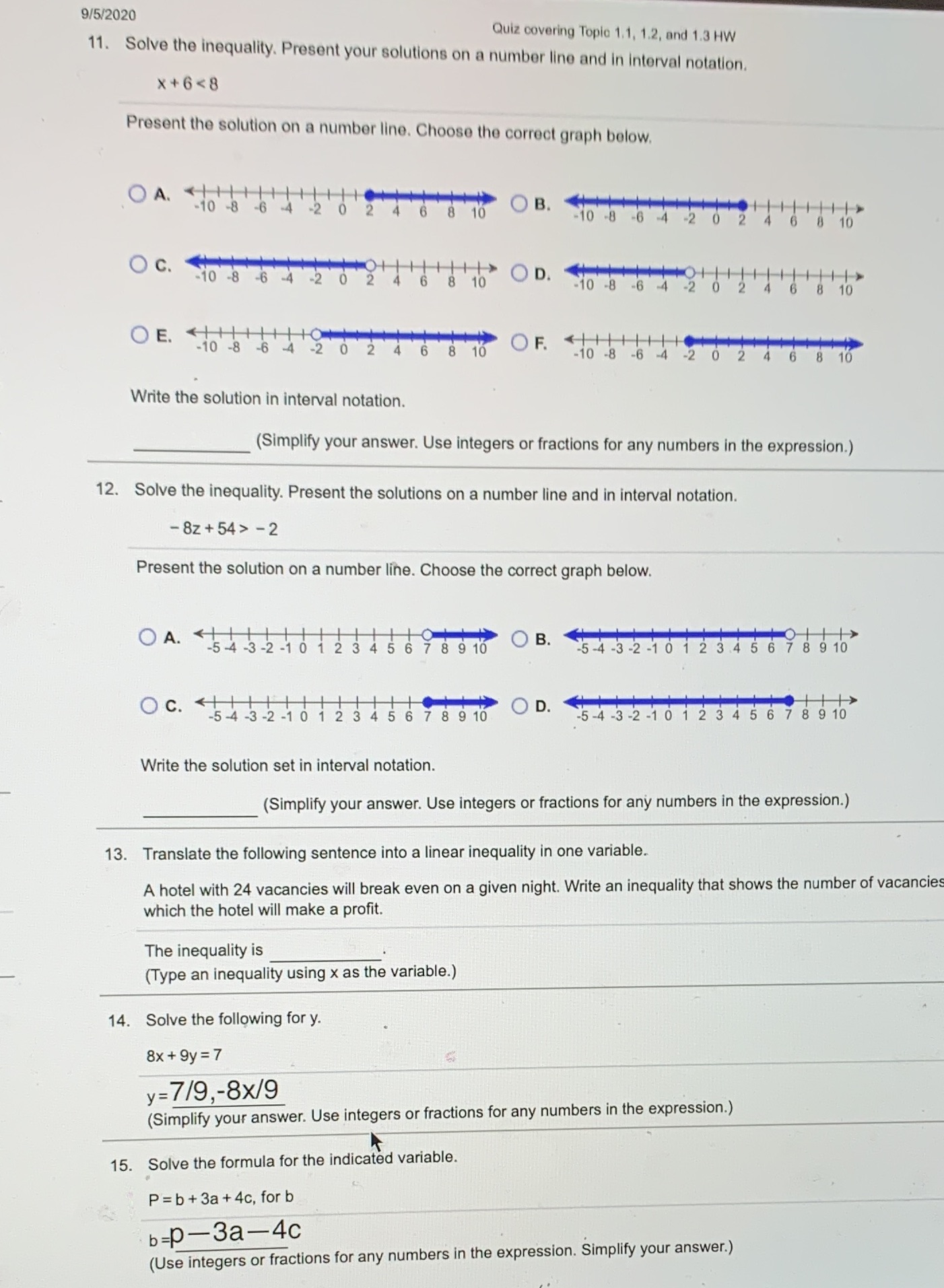9/5/2020 Quiz covering Topic 1.1, 1.2, and 1.3 HW