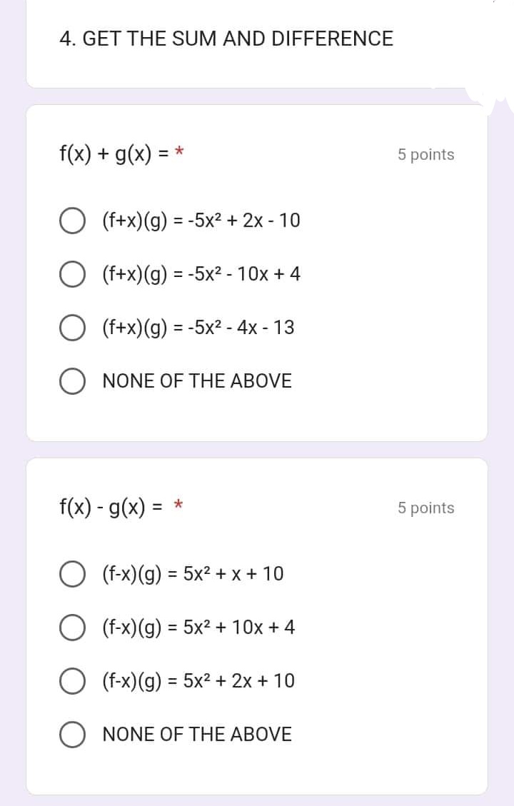 Operation of Function f(x) = 2x +6 g(x) = 5^2 4.