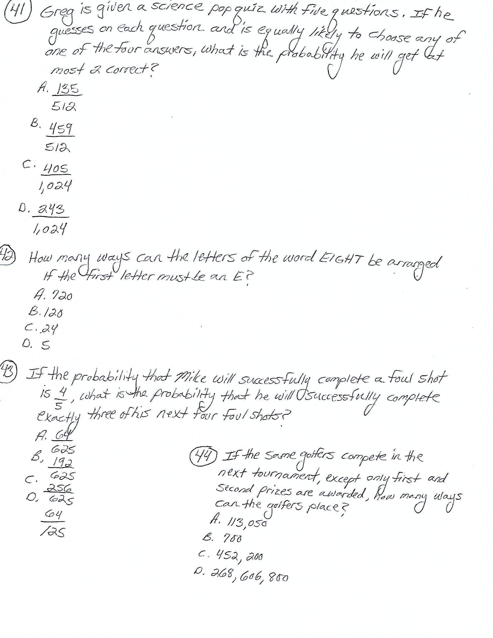 41 Greg is given a science popquiz with five