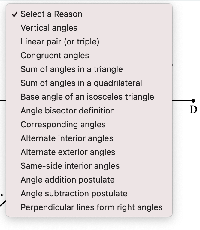 \fv Select a Reason Vertical angles Linear pair