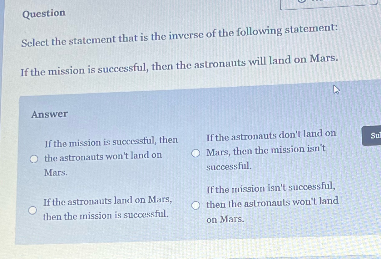 Question Select the statement that is the inverse