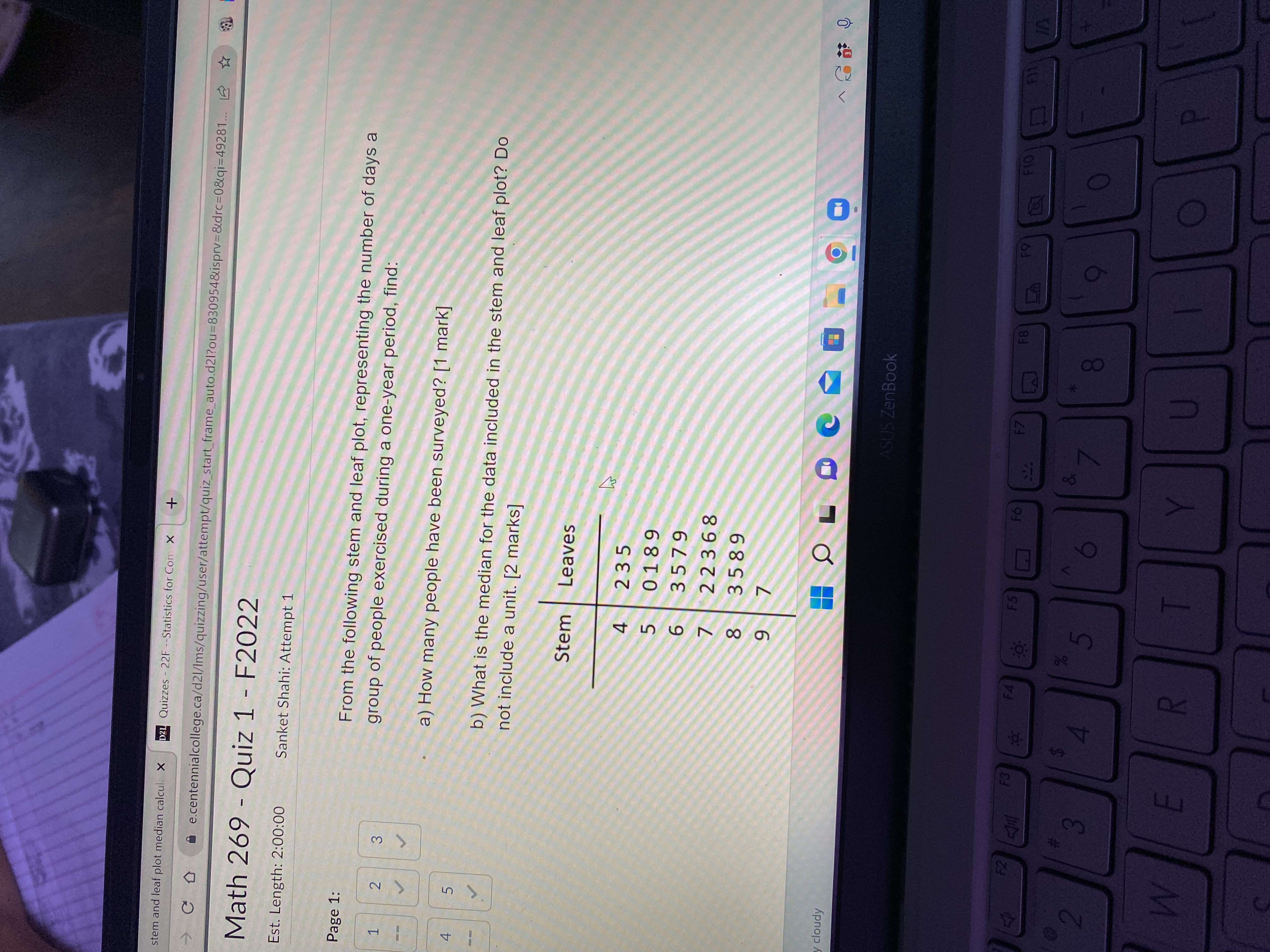 t median calcul X D21 Quizzes - 22F --Statistics