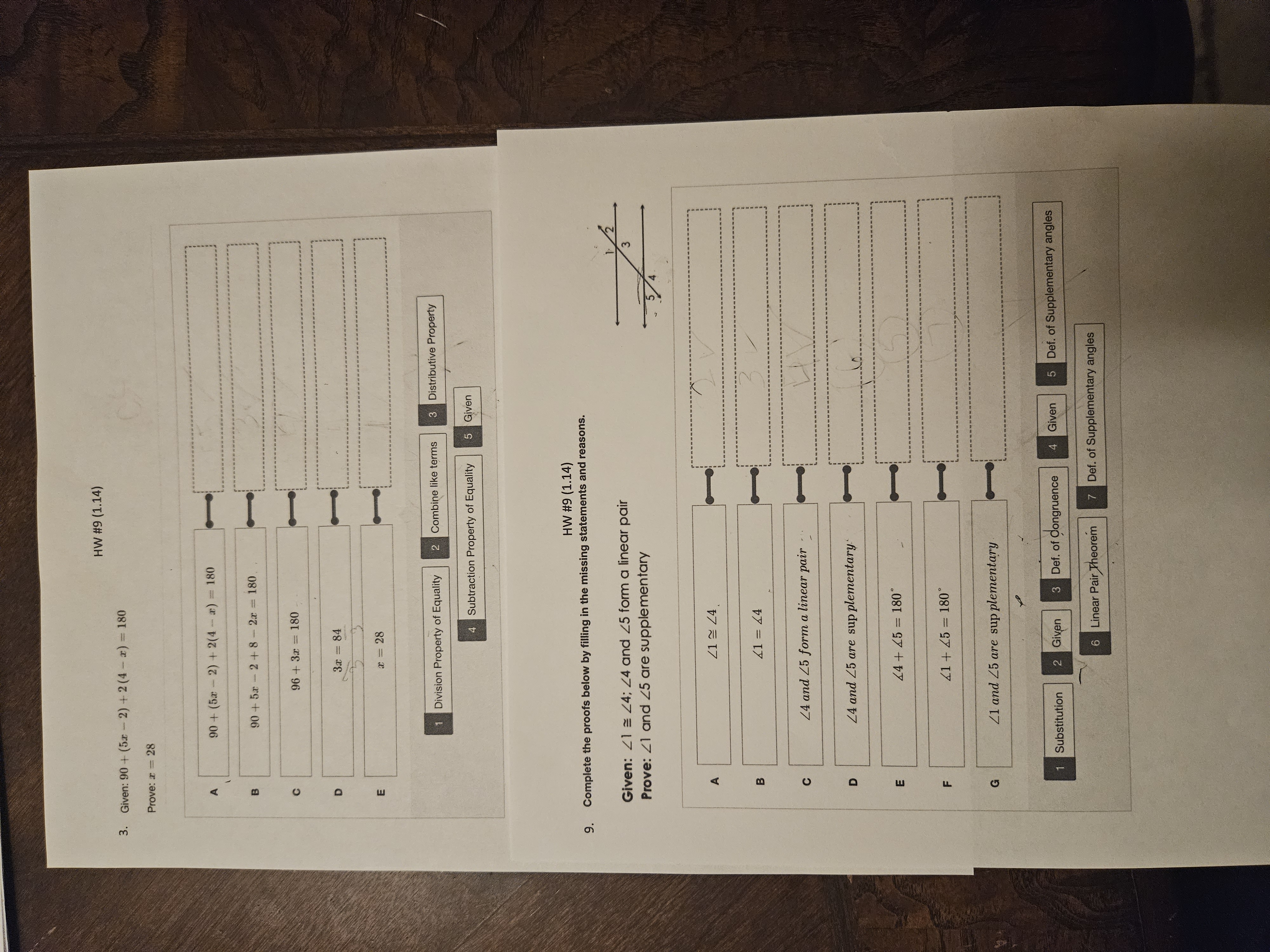 HW #9 (1.14) 3. Given: 90 + (5x - 2) + 2(4 - x) =