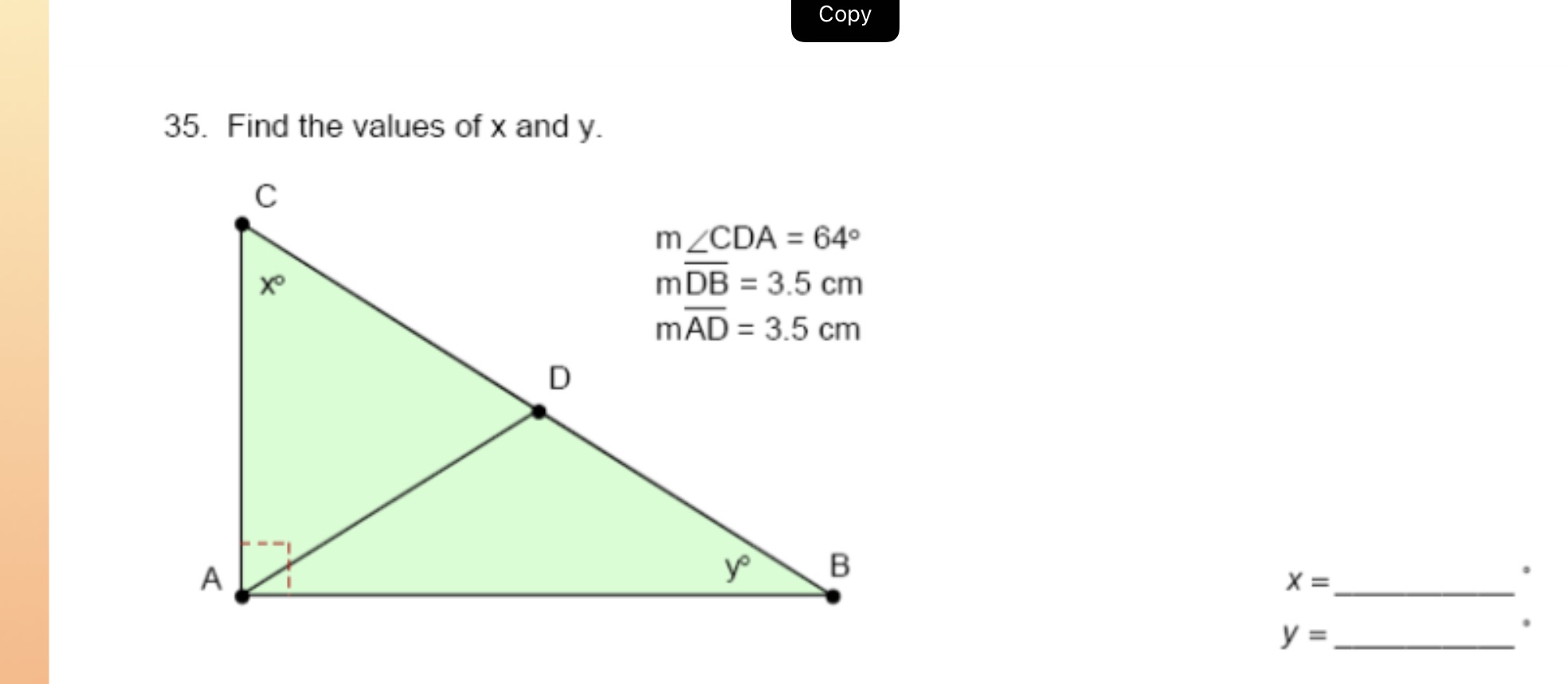 Copy 35. Find the values of x and y. C m _CDA =