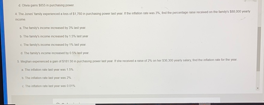 d. Olivia gains $855 in purchasing power. 4. The