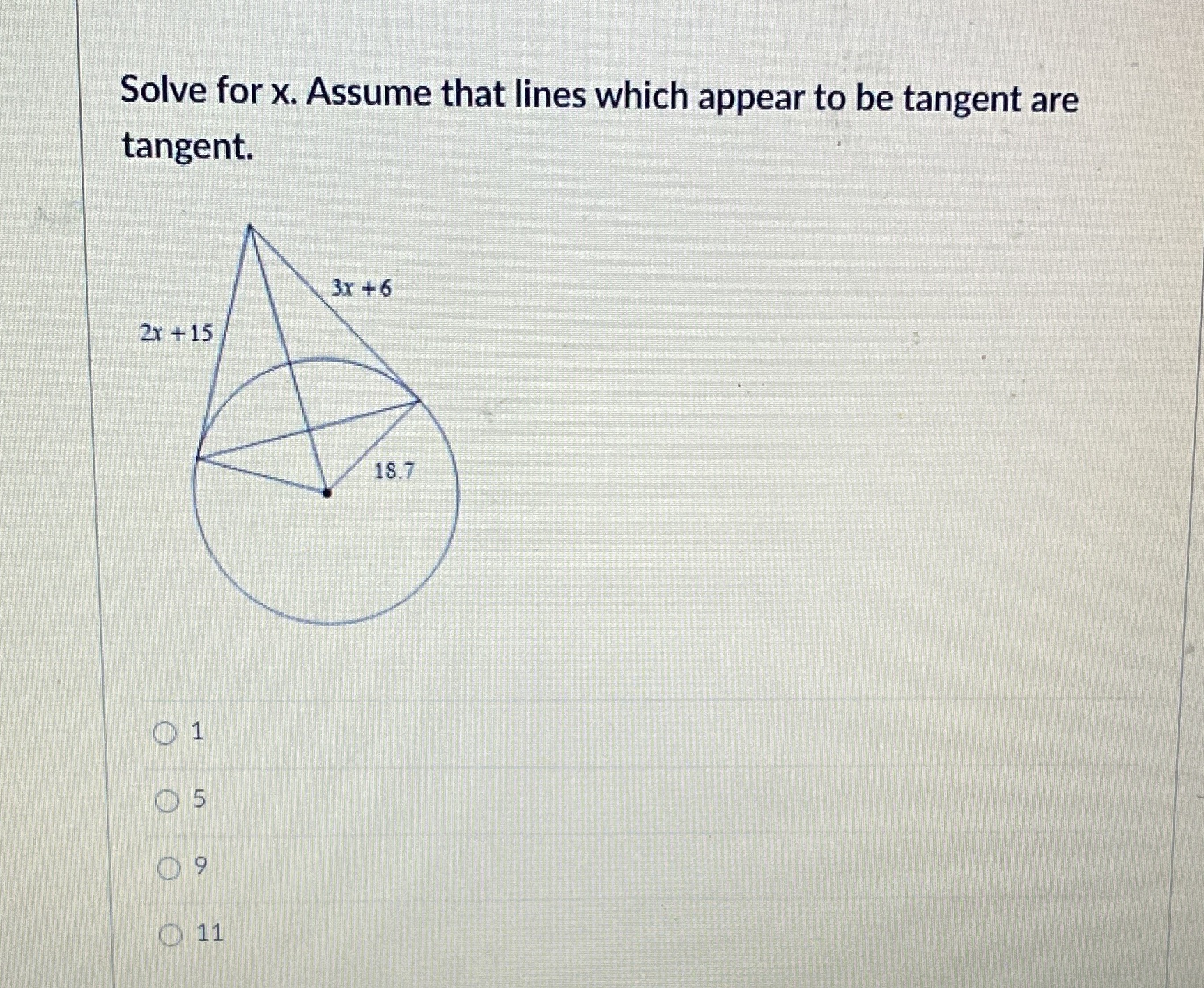 Solve for x. Assume that lines which appear to be