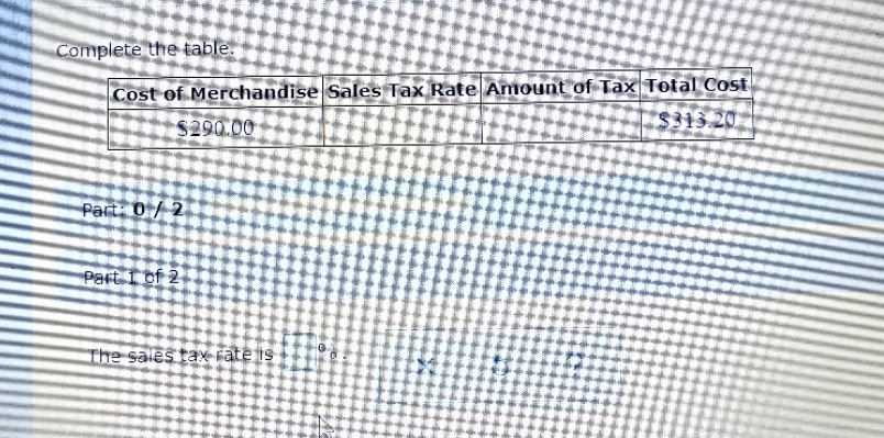 Complete the table. Cost of Merchandise Sales Tax