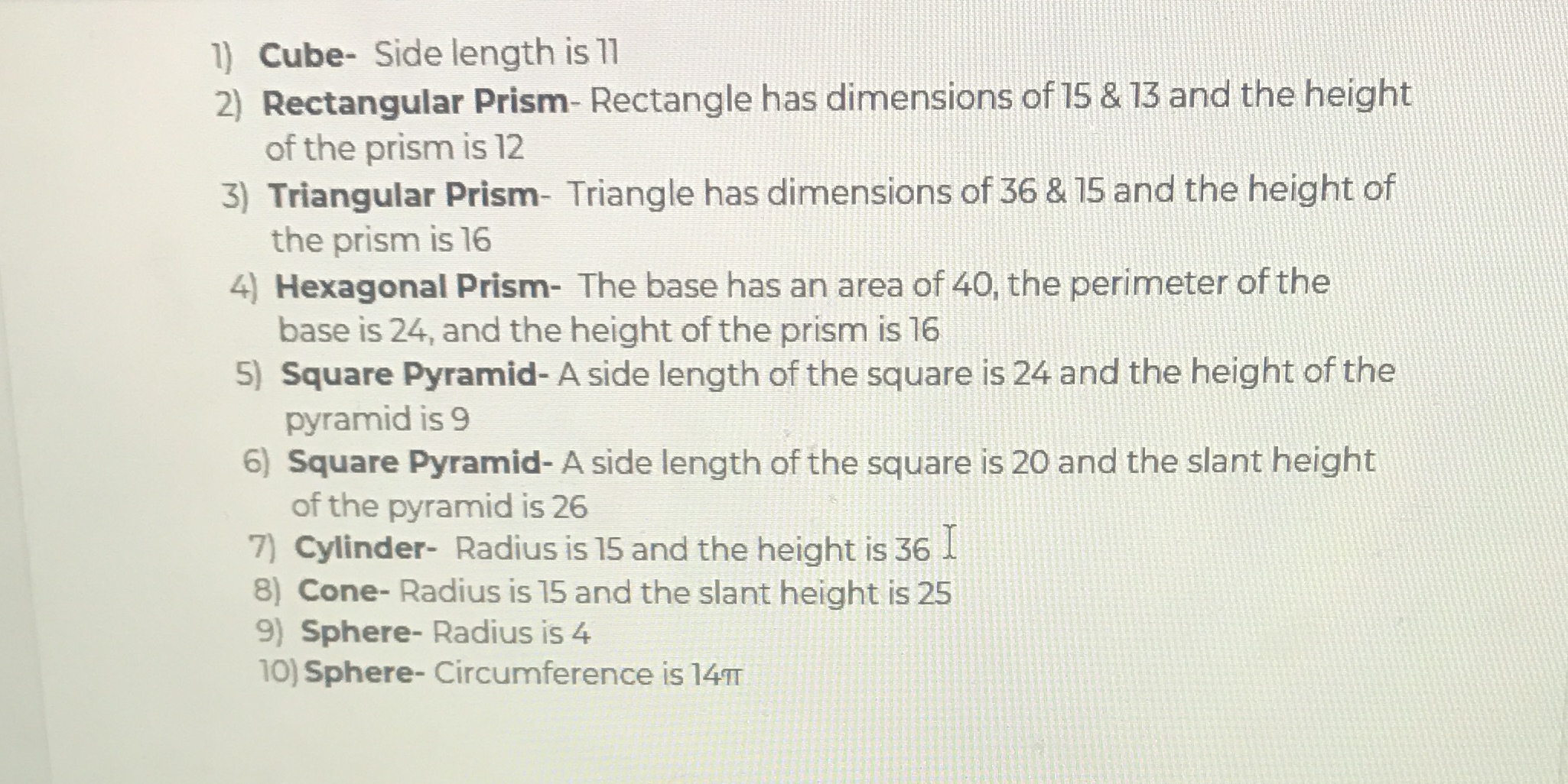 Need help answering questions 1 - 10. 1) Cube-