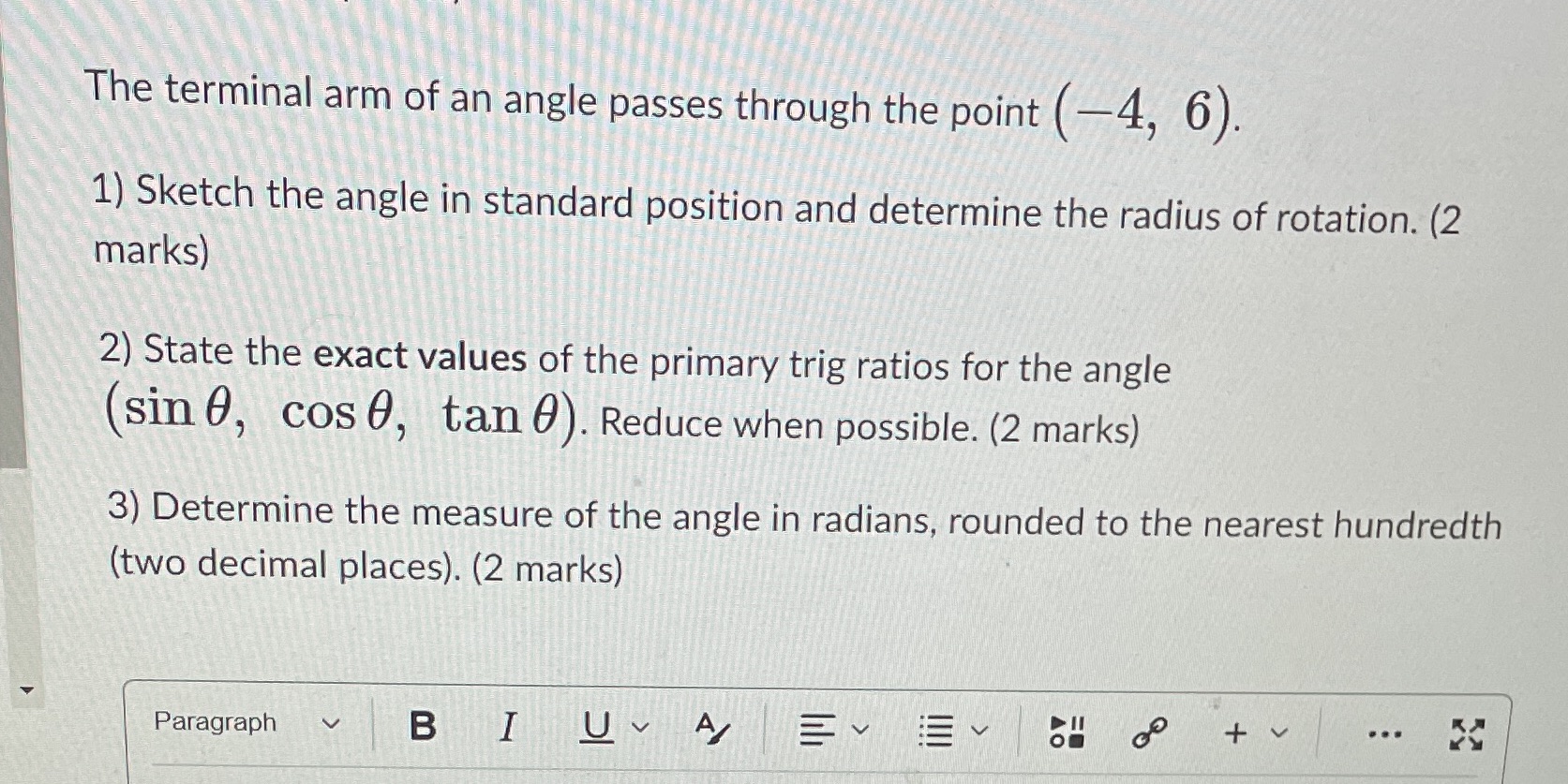 The terminal arm of an angle passes through the