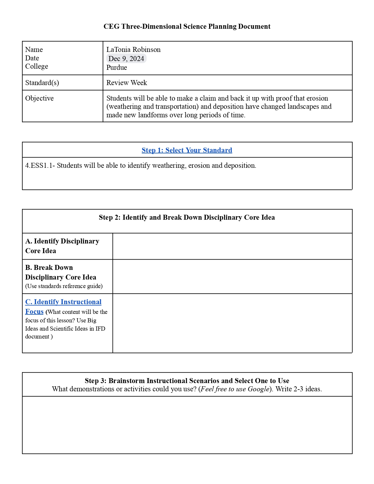 CEG Three-Dimensional Science Planning Document