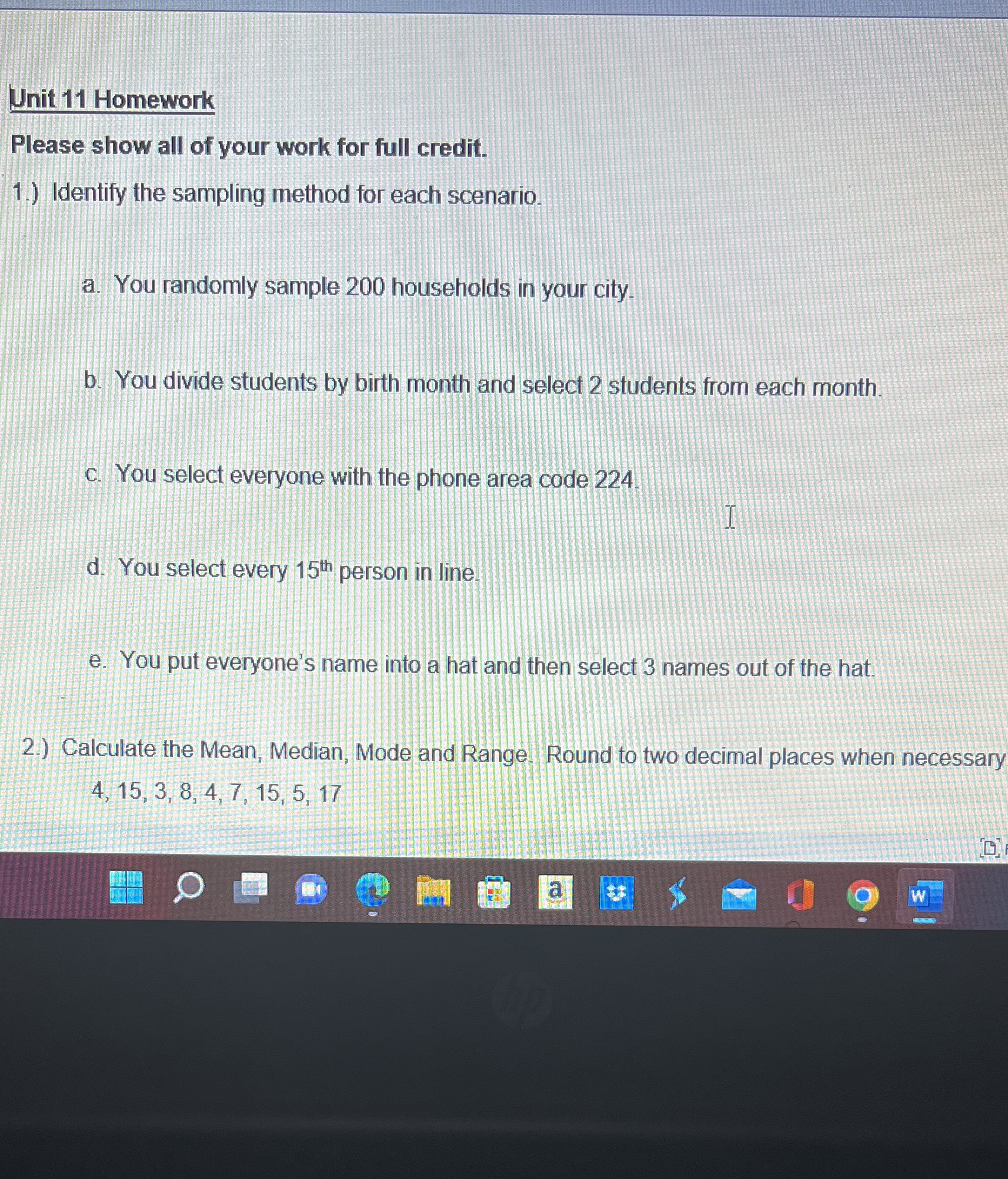 Unit 11 Homework Please show all of your work for