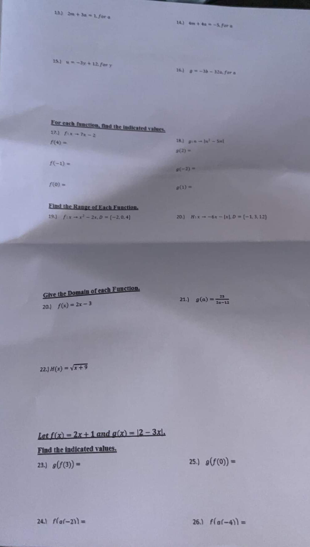 13.) 2m + 3a = 1. for a 14.) 4m + 40 - -5.for a