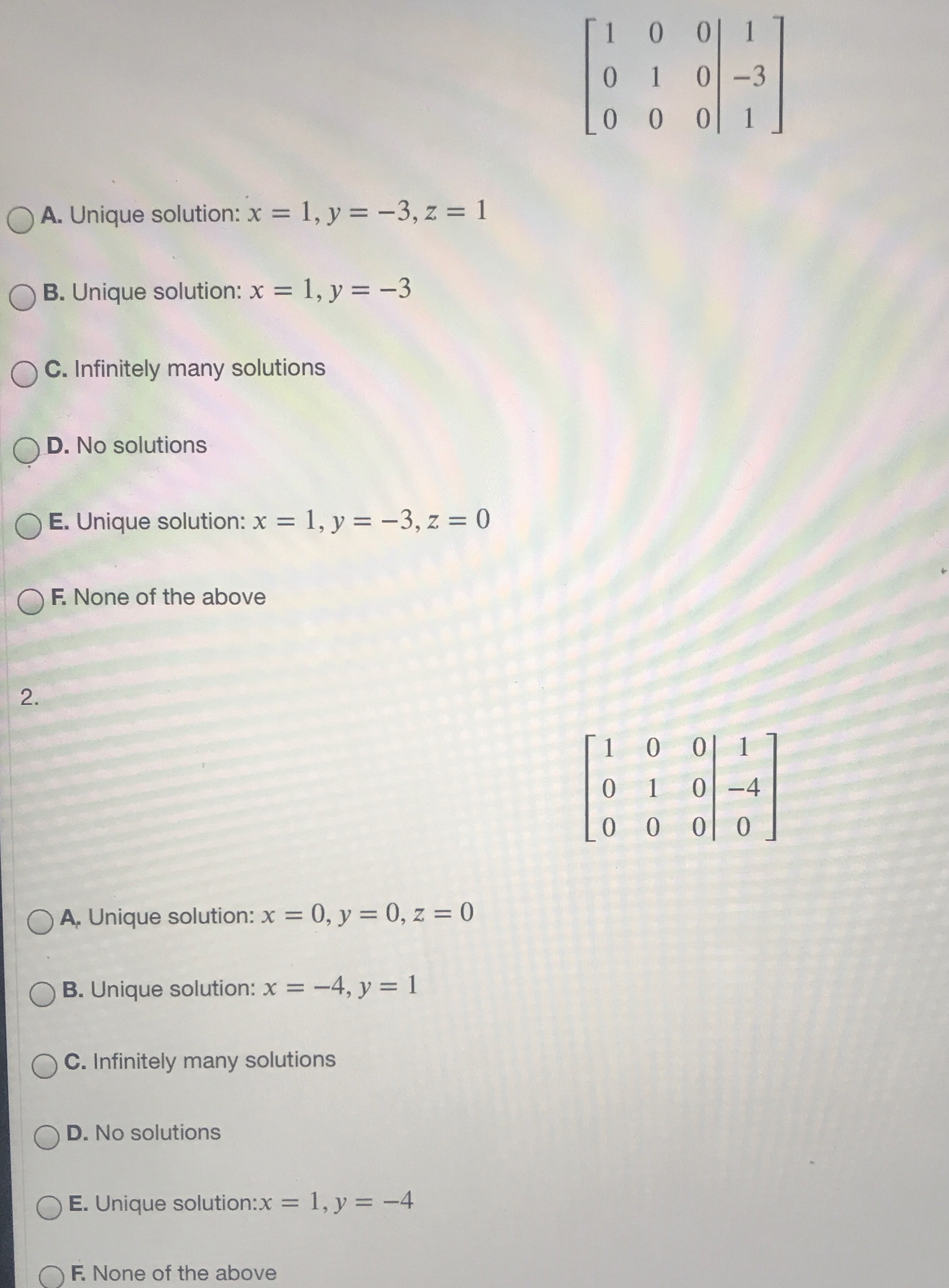 O O 0 0 - 3 0 O O O A. Unique solution: x = 1, y