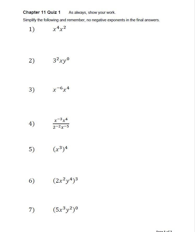 \fChapter 11 Quiz 1 As always, show your work.