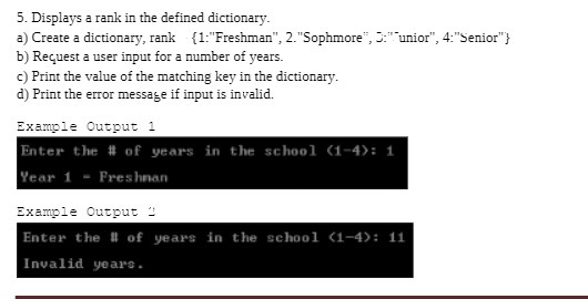 5. Displays a rank in the defined dictionary. a)
