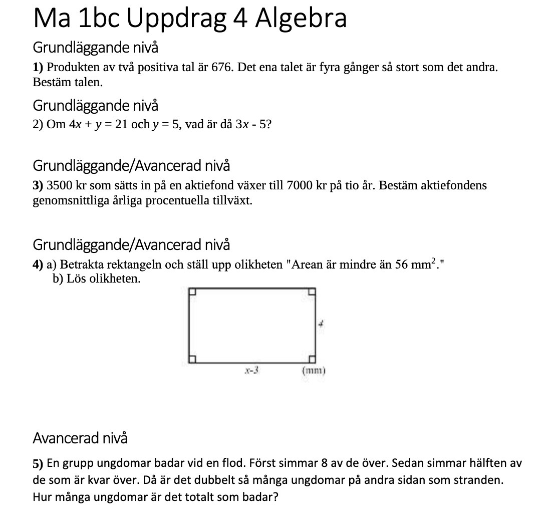 Ma 1bc Uppdrag 4 Algebra Grundlaggande niva 1)