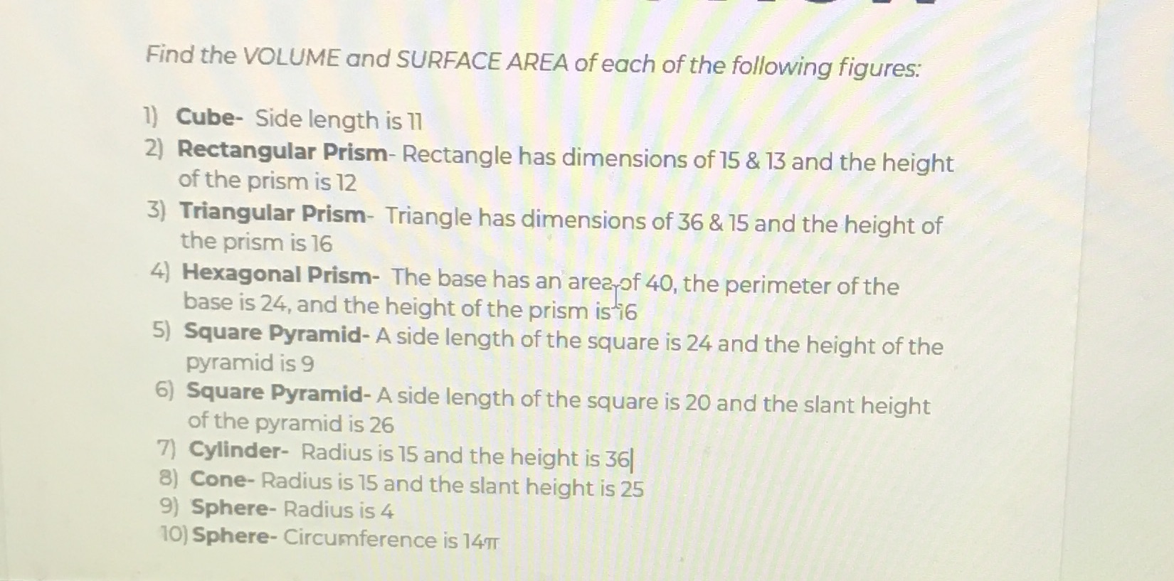 Need help answering questions 1 - 10 Find the