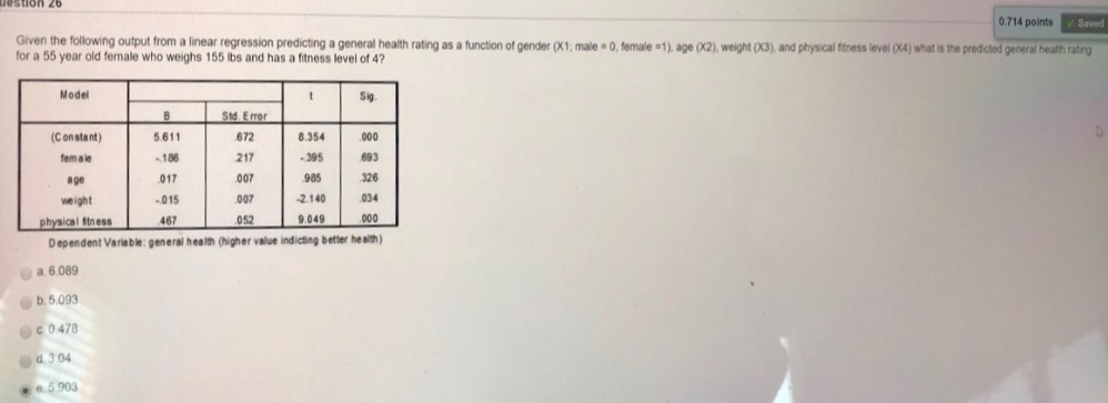 0.714 points Saved Given the following output