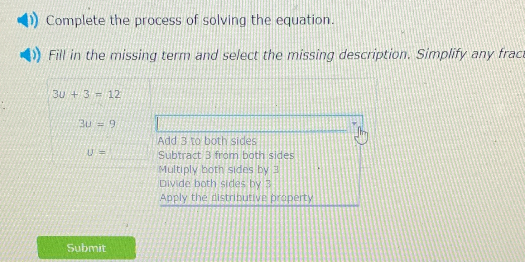 Complete the process of solving the equation.