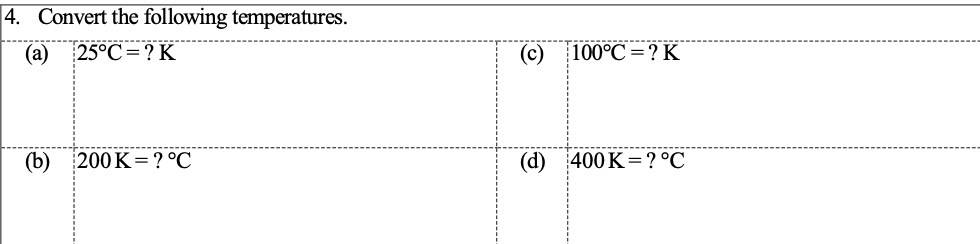4. Convert the following temperatures. (a) 25 C