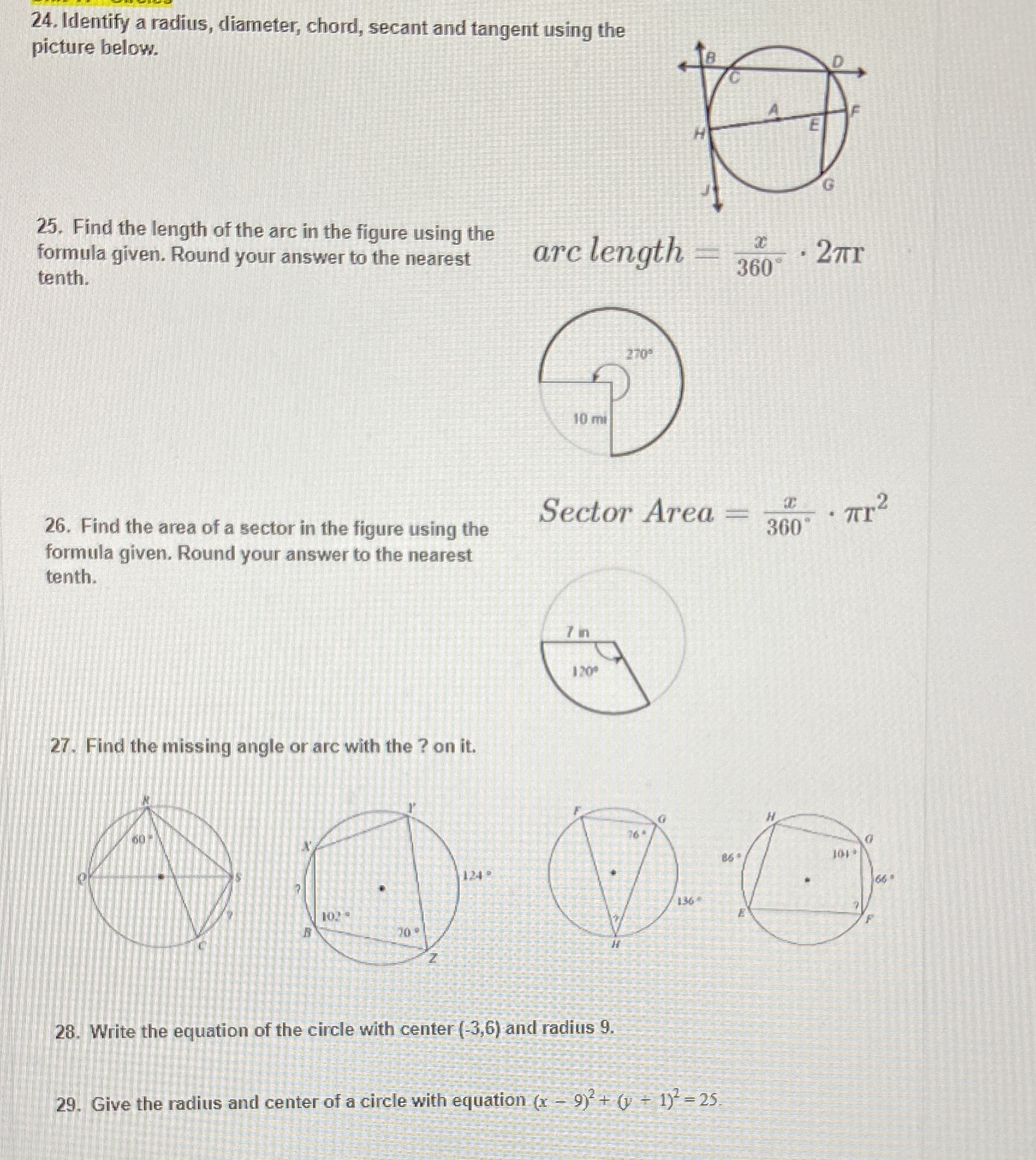 24. Identify a radius, diameter, chord, secant