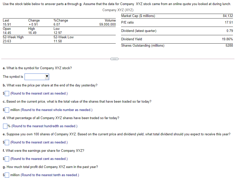 Use the stock table below to answer parts a