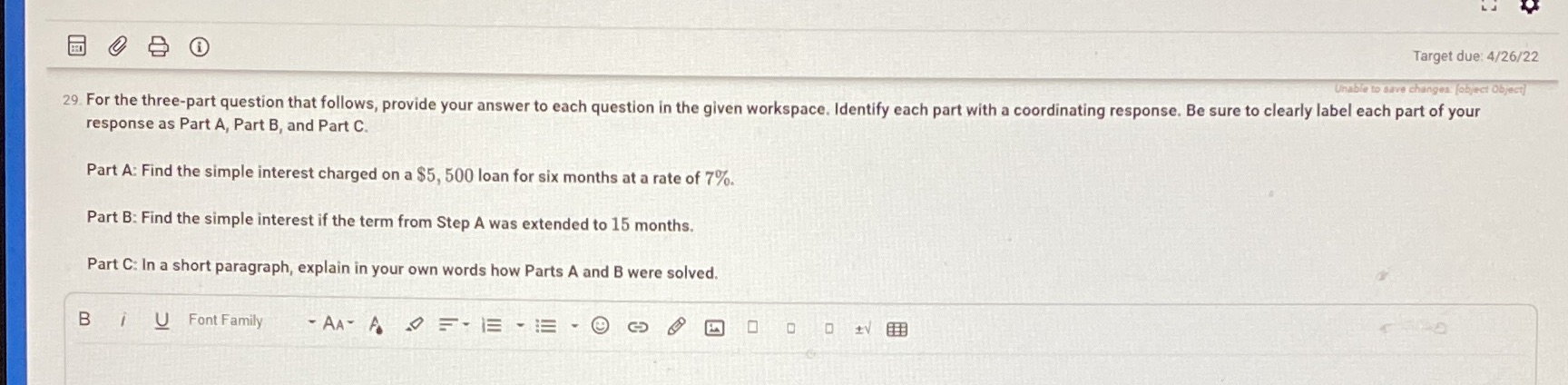 Target due: 4/26/22 Unable to save changes: