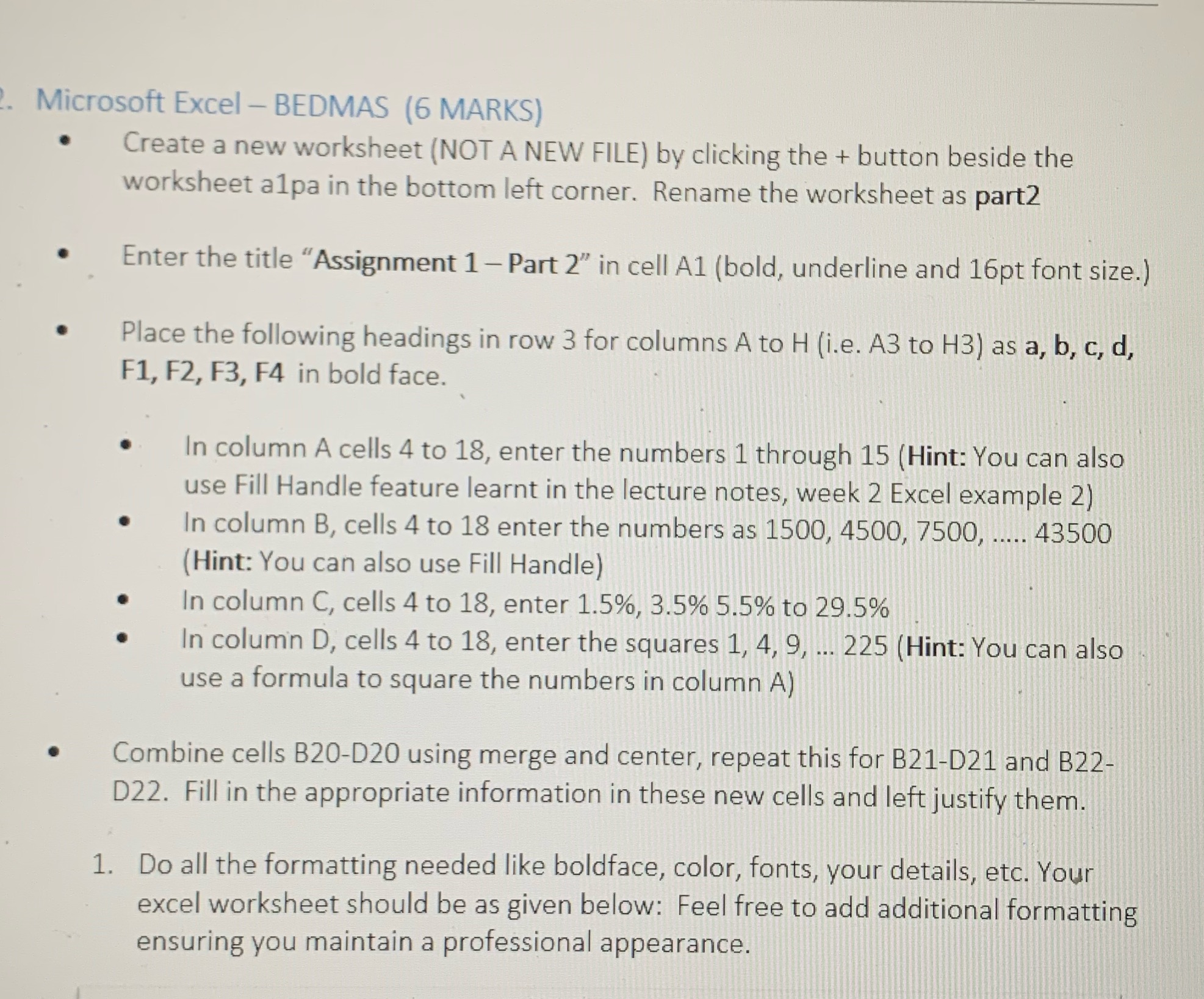 Microsoft Excel - BEDMAS (6 MARKS) Create a new