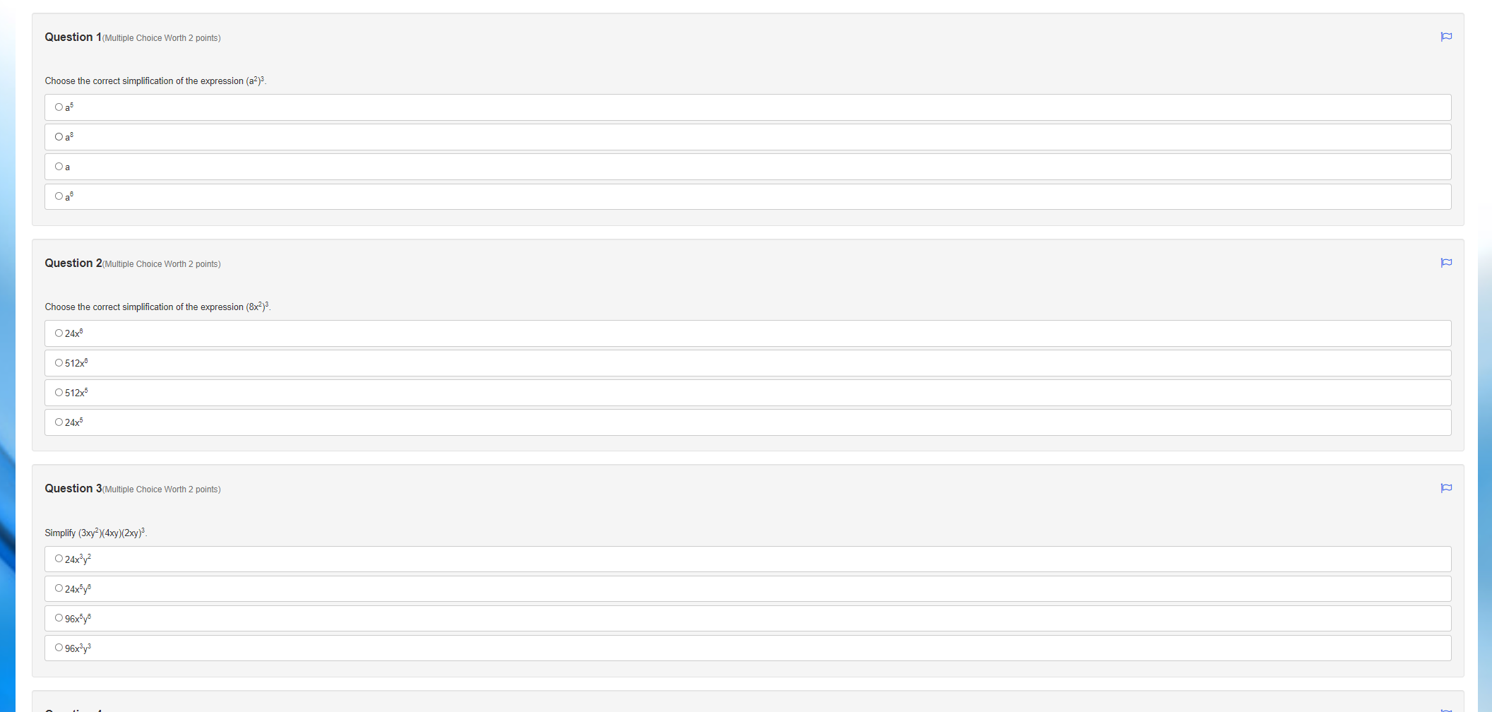 Question 1(Multiple Choice Worth 2 points) Choose