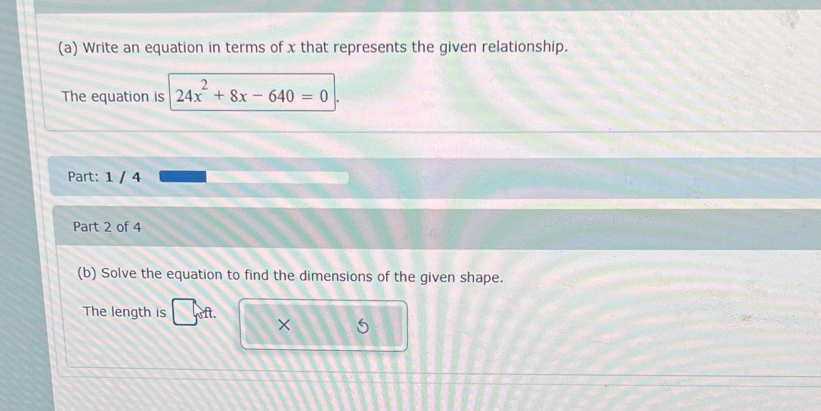 3part 2 (a) Write an equation in terms of x that