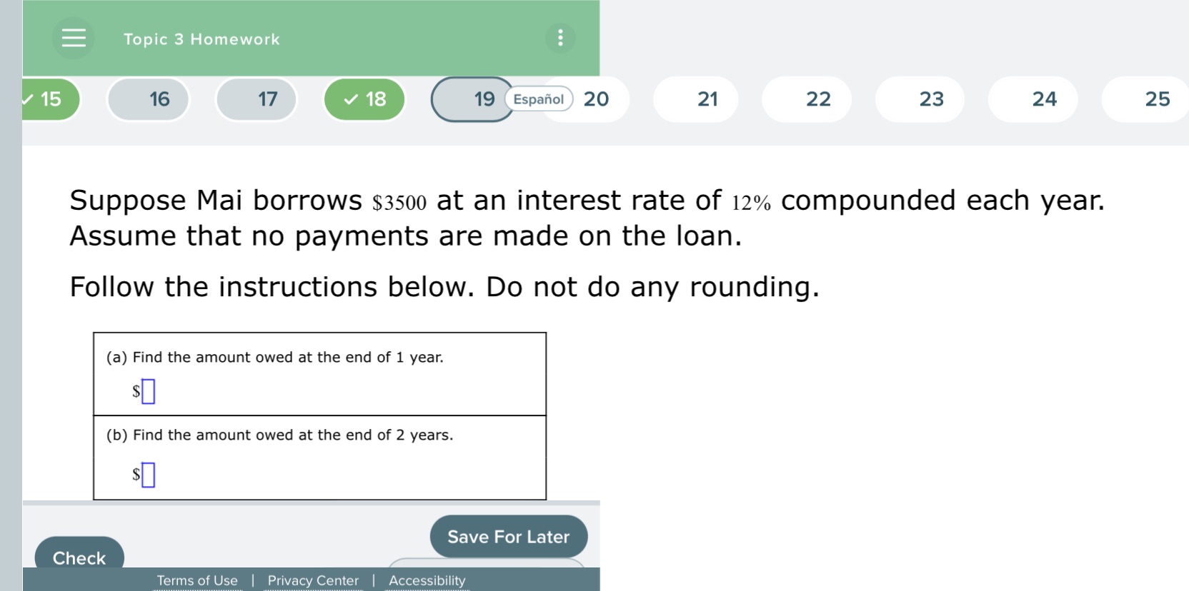Topic 3 Homework . .. 15 16 17 18 19 Espanol 20